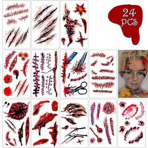 Buy Halloween Temporary Tattoos 24 Sheets Fake Wounds Temporary