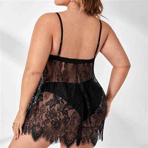 Plus Size Sexy Black See Through Floral Lace Spaghetti Straps V Neck