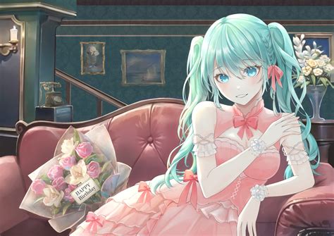 Aqua Eyes Aqua Hair Blush Bow Braids Breasts Cleavage Couch Dress