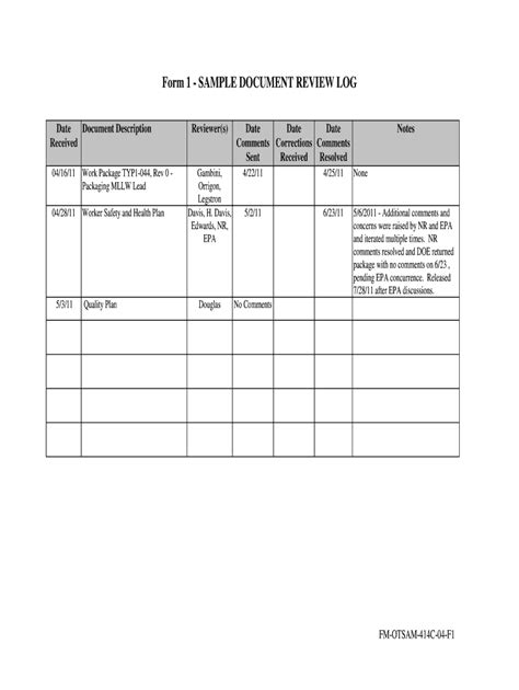 Fillable Online Emcbc Doe Form Sample Document Review Log Emcbc