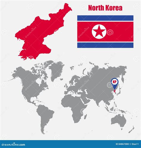 North Korea Map On A World Map With Flag And Map Pointer Vector