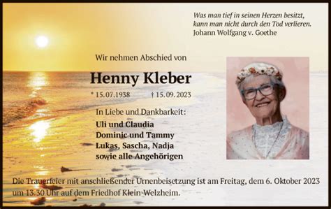 Traueranzeigen Von Henny Kleber Trauer Op Online De