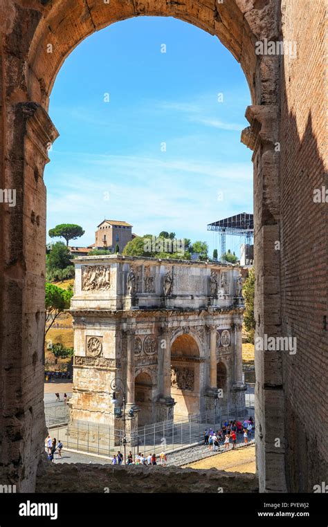 View On The Arch Of Constantine Through One Of The Coliseum Archs Stock