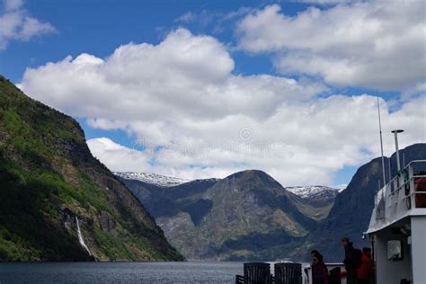 Boat Captured In The Narrow Fjord In Aurland Municipality In Vestland