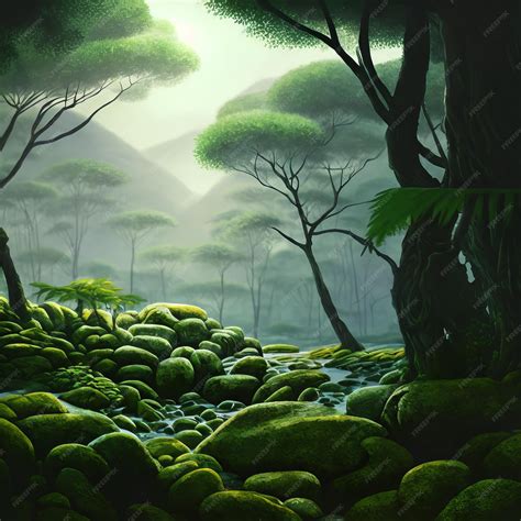 Premium AI Image | A painting of a forest with a mountain in the background