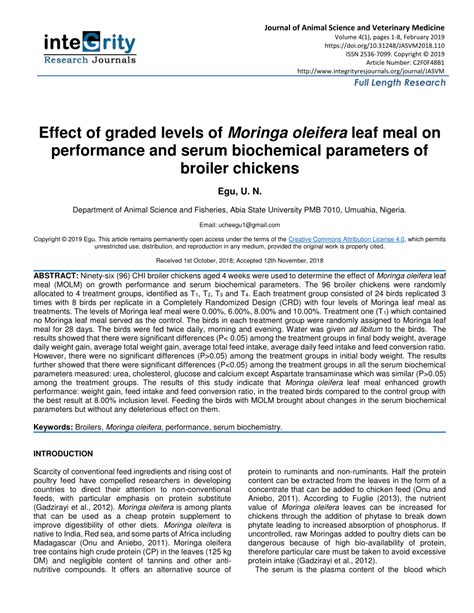 Pdf Effect Of Graded Levels Of Moringa Oleifera Leaf Meal On