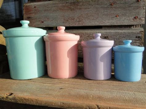 Vintage Pastel Ceramic Canisters Set Of 4 Mint Pink Lavender Blue