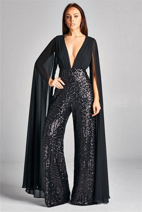 Emma Black Chiffon Sleeve Sequin Wide Leg Jumpsuit Rental Fashion