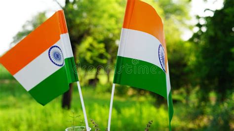 Two Indian Tricolor National Flags In Nature Background Independence