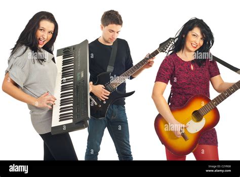 Cheerful Musical Band Of Three Persons Playing Guitars And Organ