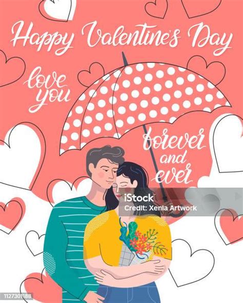 Hugging Couple In Love Under Umbrella Stock Illustration Download Image Now Adult Bouquet