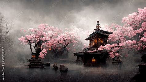 Antique Japanese temple with cherry blossom. AI created a digital art ...