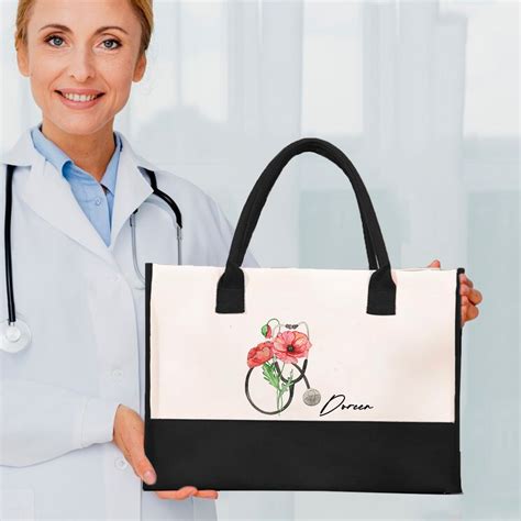 Custom Stethoscope Birth Flower Nurse Canvas Tote Bag Large Capacity