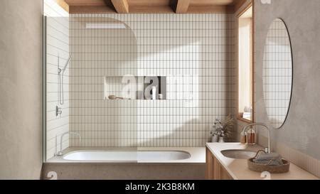 Wooden And Marble Japandi Bathroom In Orange And Beige Tones Bathtub