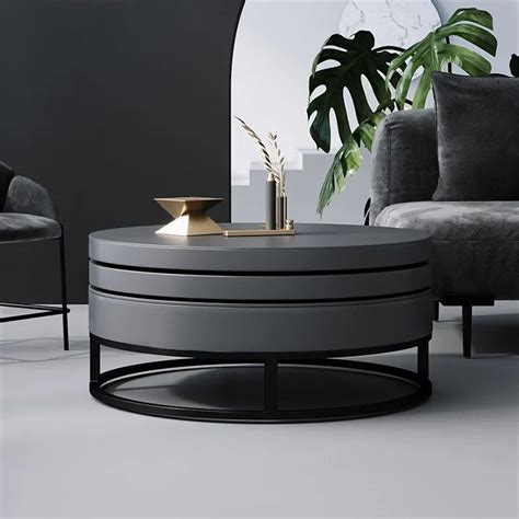 Gray Round Swivel Coffee Table With Storage Carbon Steel Base