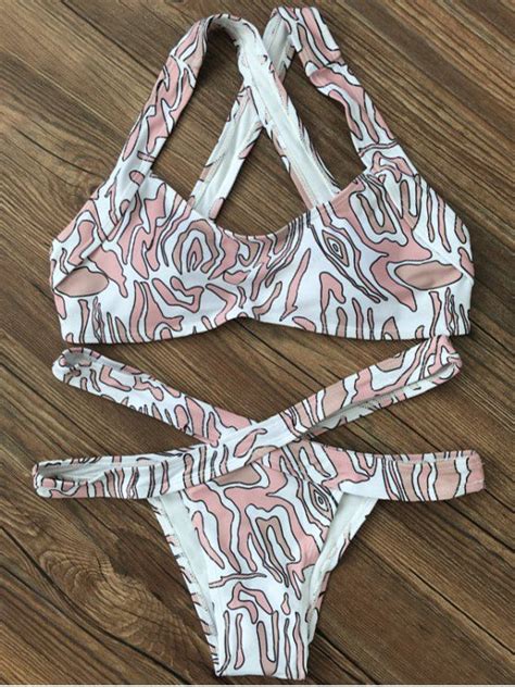 OFF Printed Cross Back Bikini Set In WHITE ZAFUL