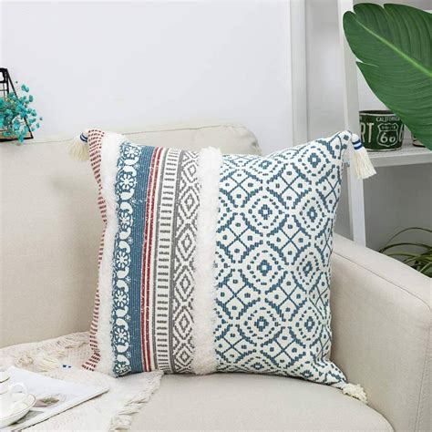 Blue Tufted Boho Square Throw Pillow Case By Momentum