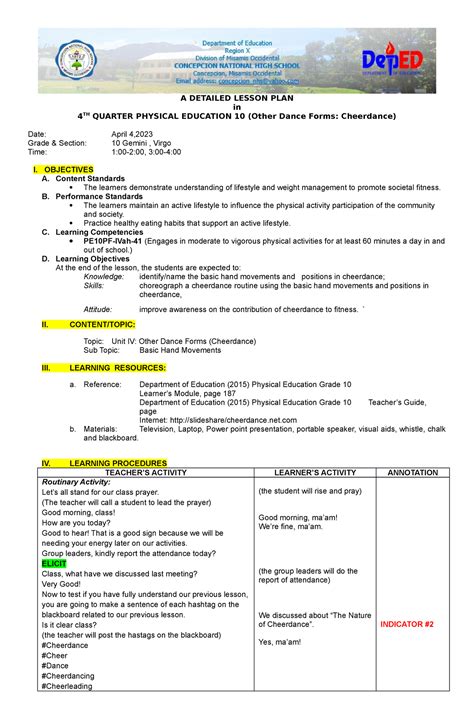 Mapeh 10 Detailed Lesson Plan For Cot 4th Docx A Detailed Lesson Plan In 4 Th Quarter