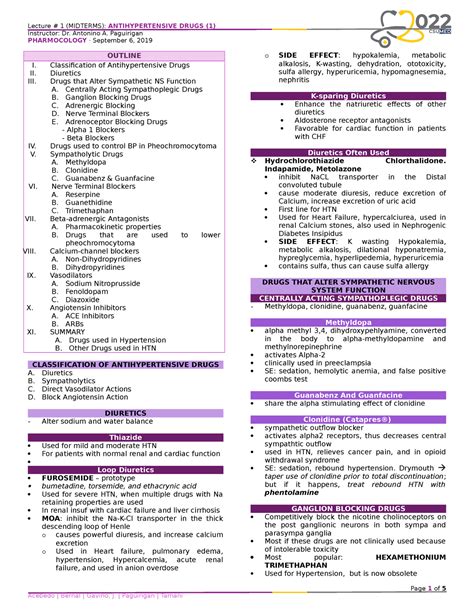 Pharmacology S T Antihypertensive Instructor Dr Antonino A