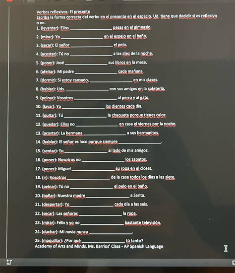 Solved Verbos Reflexivos El Presente Escriba La Forma Correcta Del