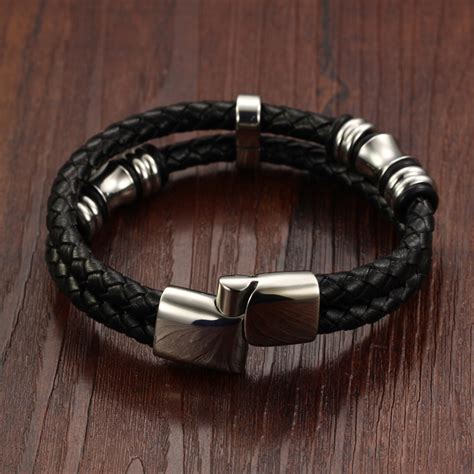 Bracelet Homme Cuir Tresse Noir Acier