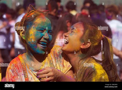 Kathmandu Nepal 09th Mar 2020 Nepalese Girls With Colorful Face As