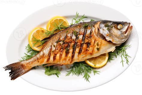 Ai Generated Grilled Fish With Herbs On A White Plate Isolated On