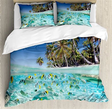 Tropical Duvet Cover Set Exotic Island Above And Underwater Picture Scenic Polynesian Untouched