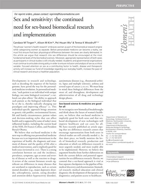 Pdf Sex And Sensitivity The Continued Need For Sex Based Biomedical Research And Implementation