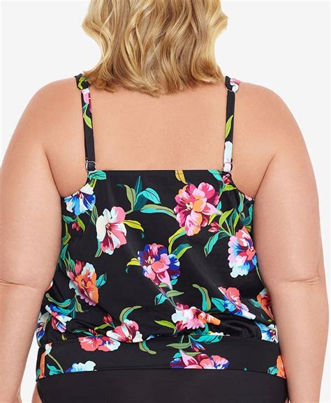 Swim Solutions Plus Size Flower Study Shirred Neck Blouson Underwire