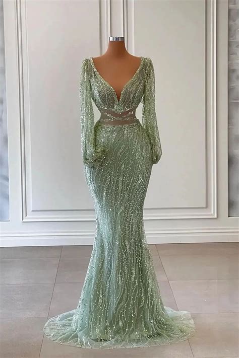 Light Green Long Sleeves Sequins Beadings Mermaid Evening Dress With V