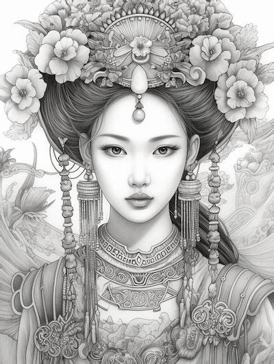 Chinese Princesses Coloring Book Grayscale Pages