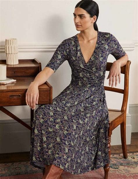 Ruched Waist Jersey Midi Dress French Navy Exotic Floral Boden Us