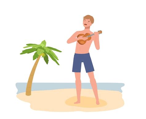 Premium Vector Happy Man On The Beach Playing Ukulele And Singing