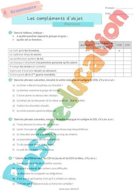 Les compléments dobjet Exercices de grammaire pour la 6ème PDF à