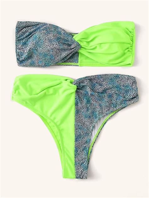 Neon Green Twist Bandeau Swimsuit With High Waist Bikini Bottom