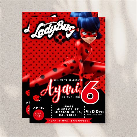 Self Editable Miraculous Ladybug Birthday Invitation Cat Noir Digital