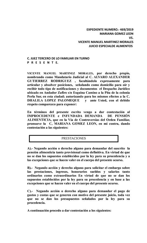 449255710 Contestacion De Demanda De Alimentos Expediente Numero 469 Mariana Gomez Leon Vs