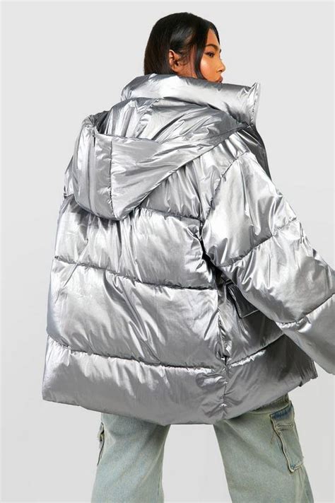 Jackets And Coats Plus Metallic Oversized Hooded Puffer Jacket Boohoo