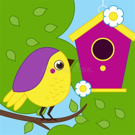 Cartoon Bird Sitting On Tree Branch Near Birdhouse Stock Vector