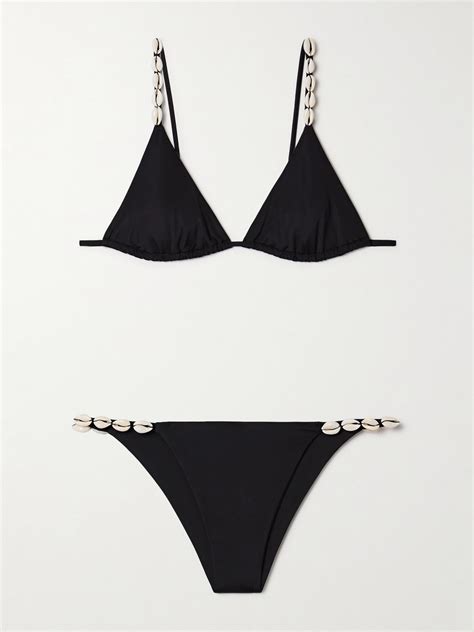 Sara Cristina Cowries Embellished Triangle Bikini In Black Modesens