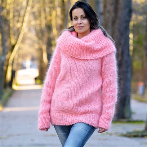 Designer Hand Knitted Mohair Sweater Pink Turtleneck Fuzzy Etsy