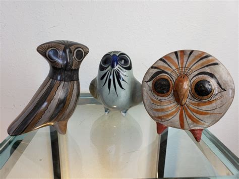 Pottery Owls Set Of 3 Mexican Tonala Owl Figurines Hooter Etsy