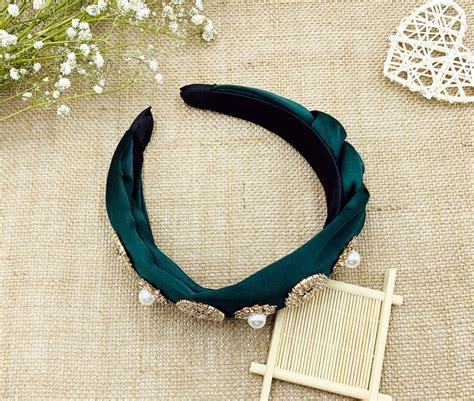 Blackish Green Satin Braided Headband With Luxury Rhinestones Etsy