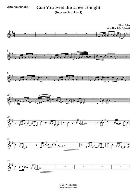 Can You Feel the Love Tonight (intermediate Level, Alto Sax) (Elton John) - Saxophone Sheet Music