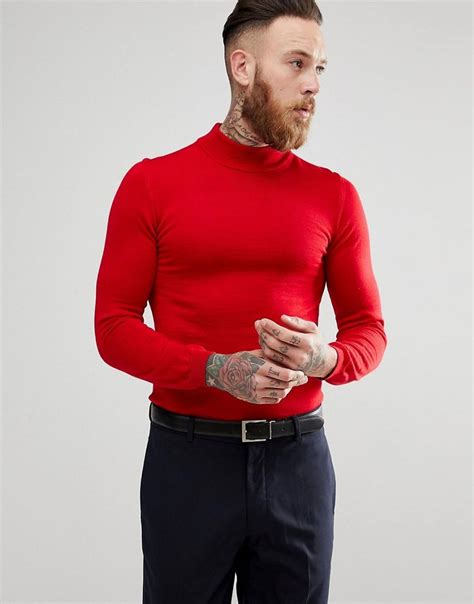 Asos Muscle Fit Merino Turtleneck Sweater In Red Red Turtleneck Outfit Fitted Turtleneck Red