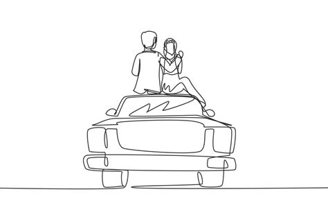 Single Continuous Line Drawing Happy Married Lovers Sitting On Roof Of