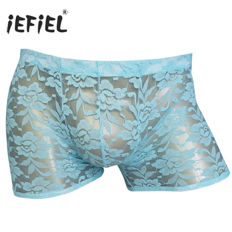 Iefiel Sexy Gay Mens Lingerie Sheer Lace Boxer Shorts Rose Flowers