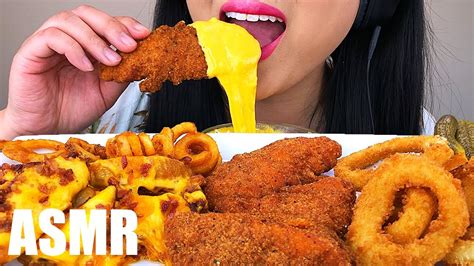 Asmr Cheesy Spicy Fried Chicken Tenders Onion Rings Messy Eating