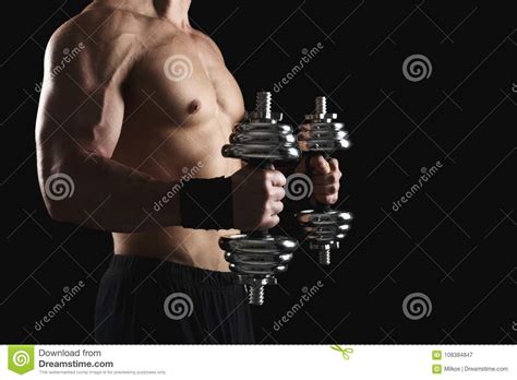 Strong Athletic Man With Dumbbell Showes Naked Muscular Body Stock Image Image Of Fitness